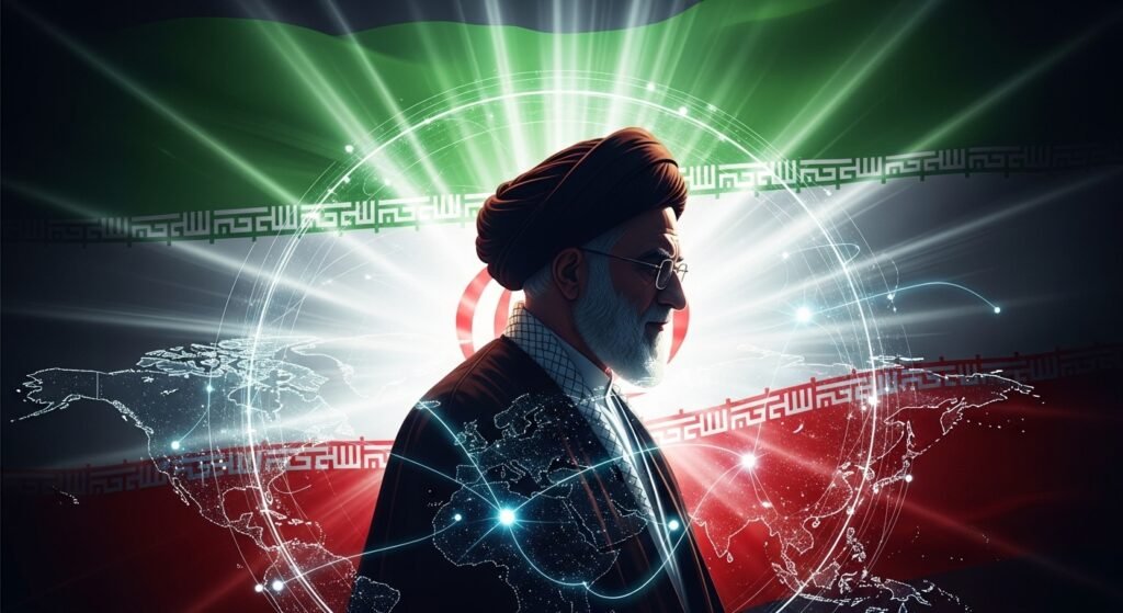 Who is Iran’s Supreme Leader? Everything About Ali Khamenei Portrait of Ali Khamenei, Supreme Leader of Iran, wearing traditional with Iranian flag in the background