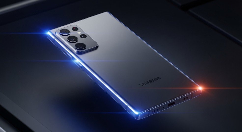 Samsung Galaxy S26 Ultra premium flagship smartphone with futuristic design and glowing AMOLED display