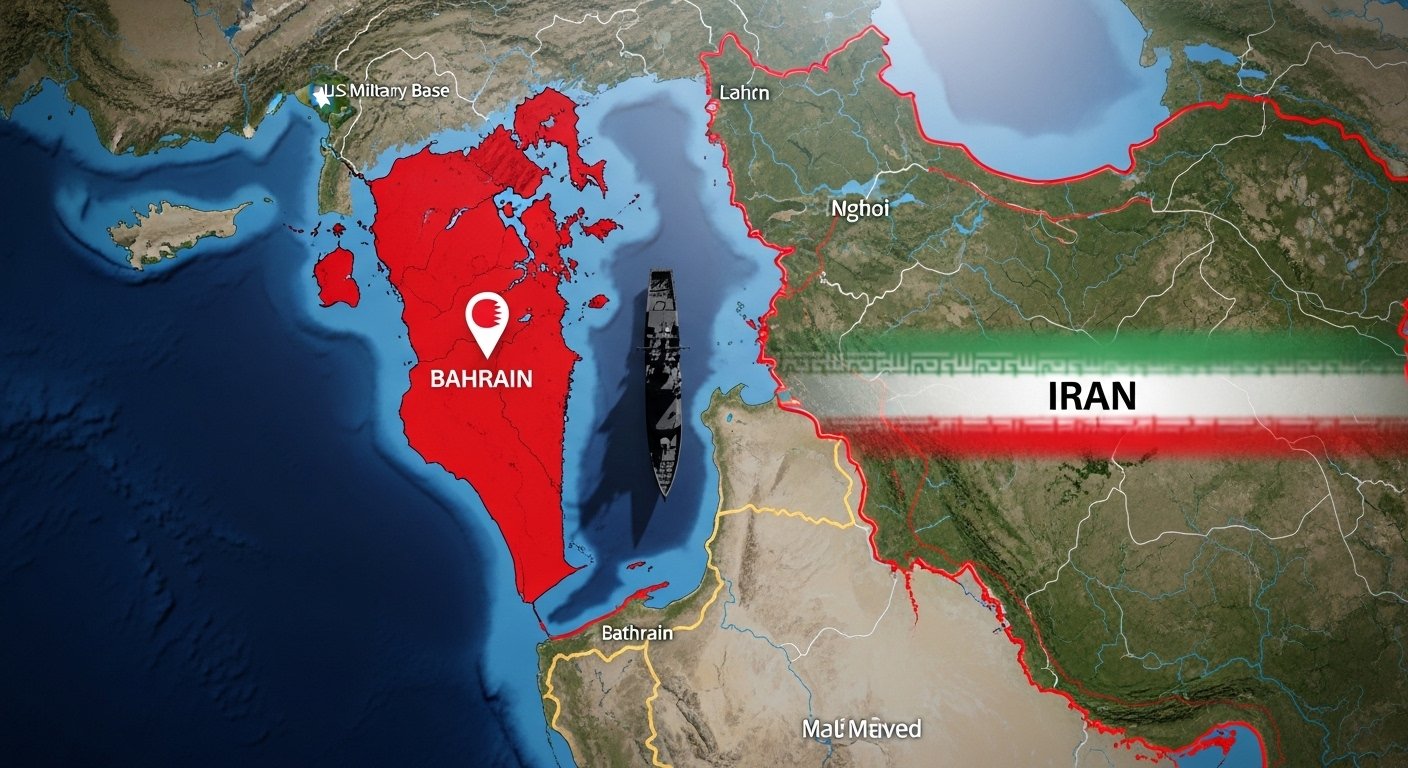Map showing Bahrain with US Navy Base, Iran proximity, and Fifth Fleet location in Persian Gulf