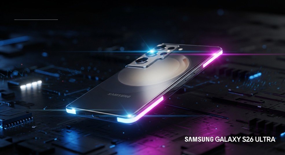 Samsung Galaxy S26 Ultra premium flagship smartphone with futuristic design and glowing AMOLED display