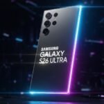 Samsung Galaxy S26 Ultra premium flagship smartphone with futuristic design and glowing AMOLED display