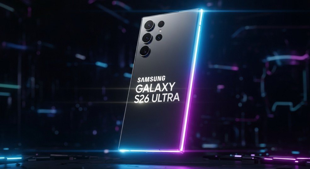 Samsung Galaxy S26 Ultra premium flagship smartphone with futuristic design and glowing AMOLED display