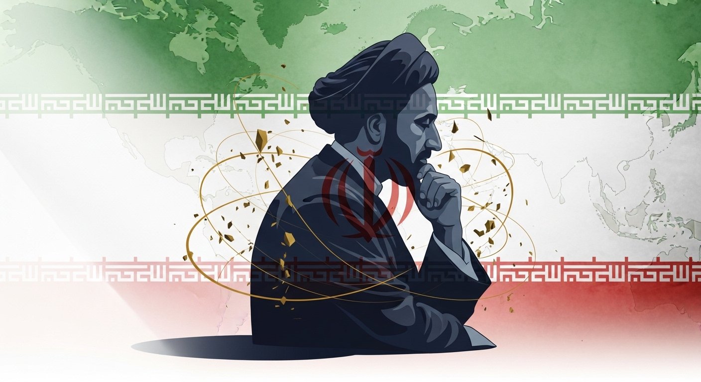 Portrait of Ali Khamenei, Supreme Leader of Iran, wearing traditional clerical attire with Iranian flag in the background