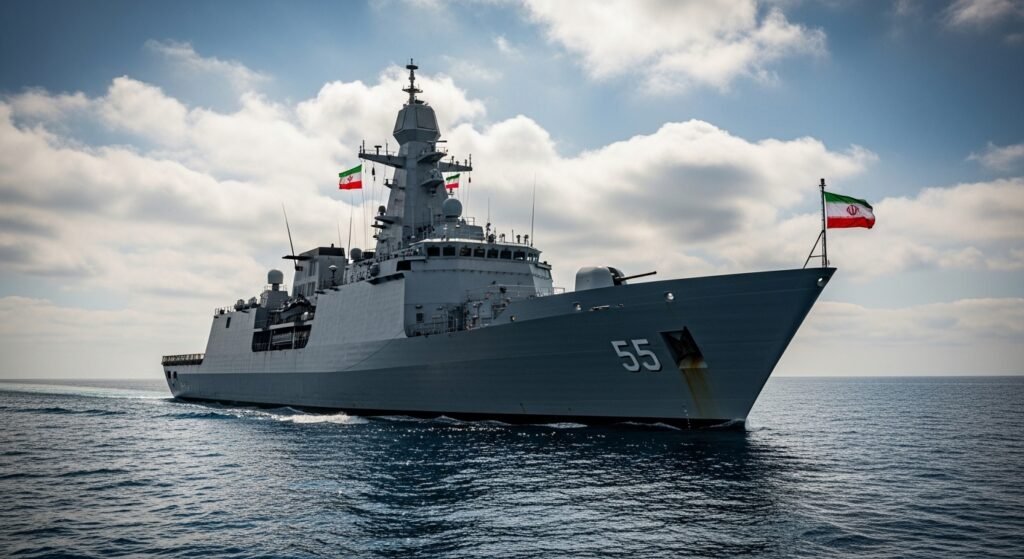 Discover warship navigating near Strait of Hormuz amid partly cloudy sky