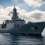 Discover warship navigating near Strait of Hormuz amid partly cloudy sky
