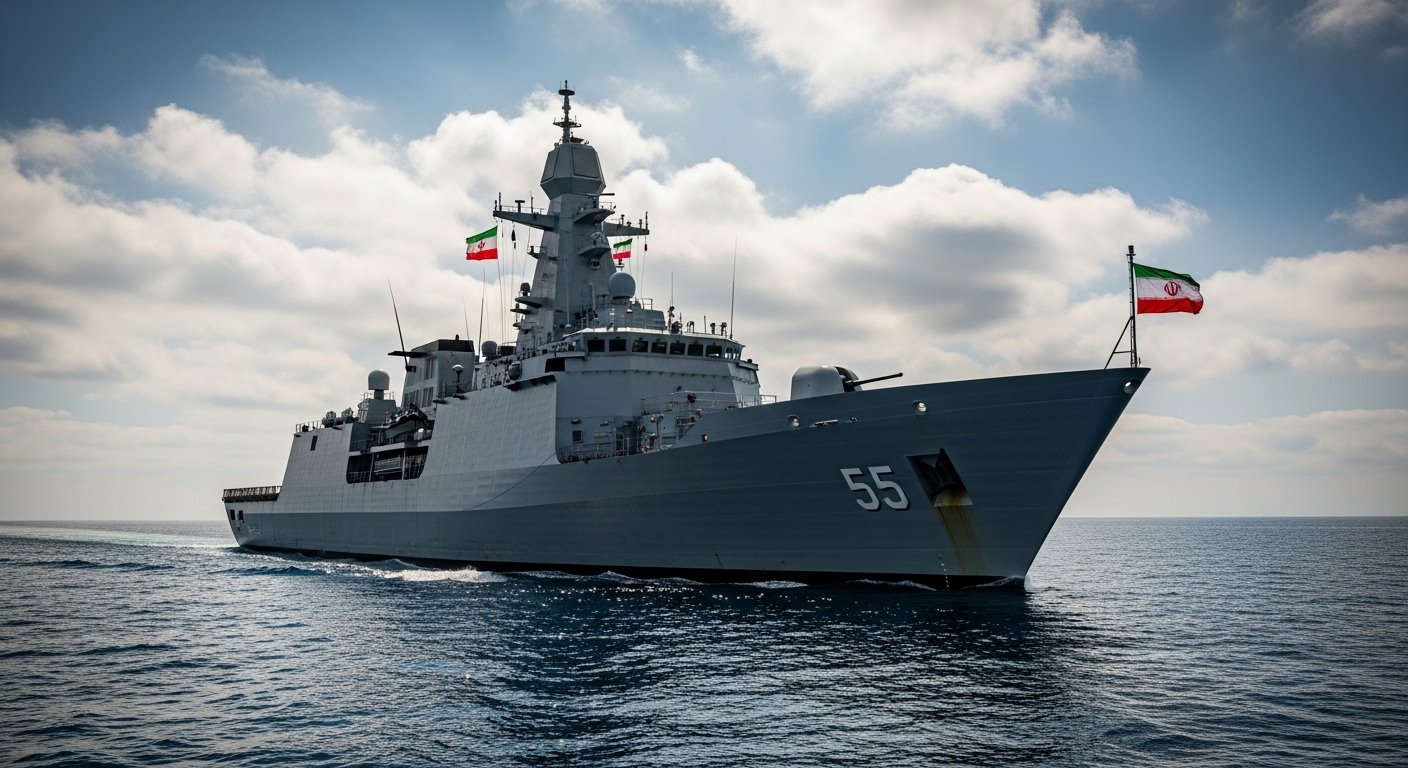 Discover warship navigating near Strait of Hormuz amid partly cloudy sky