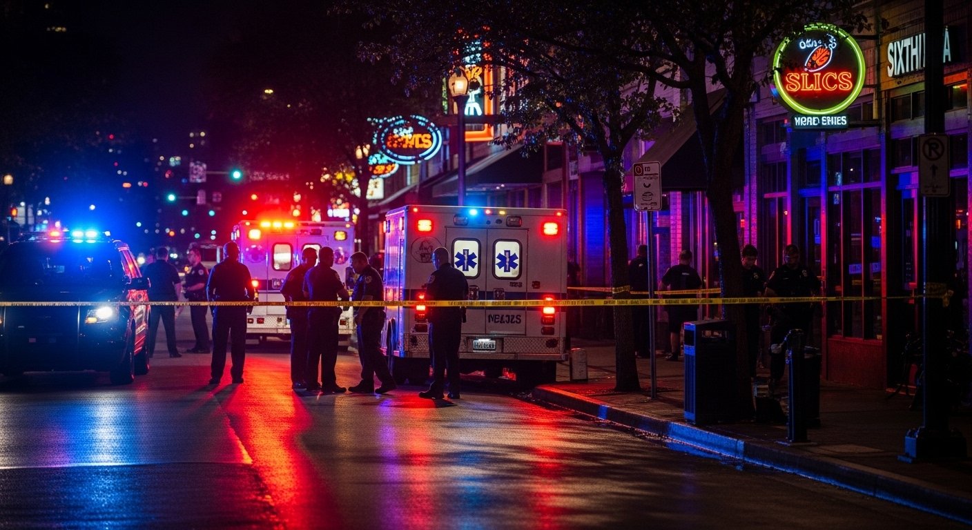 Police and emergency vehicles respond to mass shooting scene on Sixth Street in Austin Texas at night